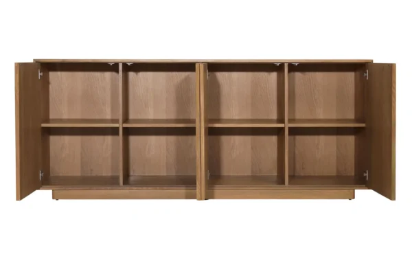 Oak wood and veneer modern sideboard with 4 doors in natural color finish, open