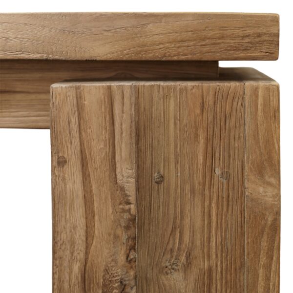 Large square solid teak dining table for indoor or outdoor use, leg detail