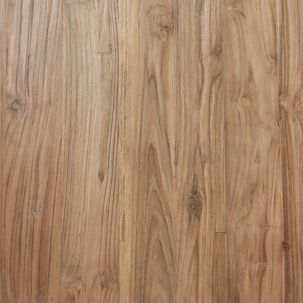 Large square solid teak dining table for indoor or outdoor use, close up