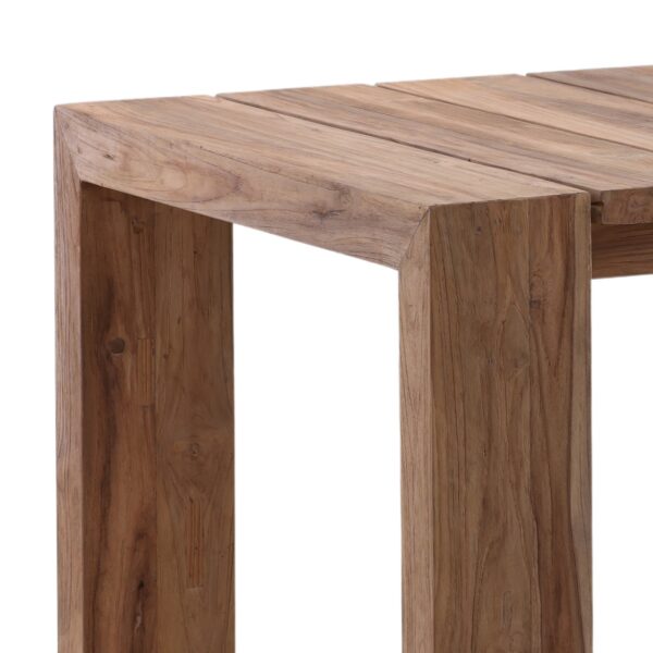 Teak wood outdoor dining table with slat top and square legs, corner detail