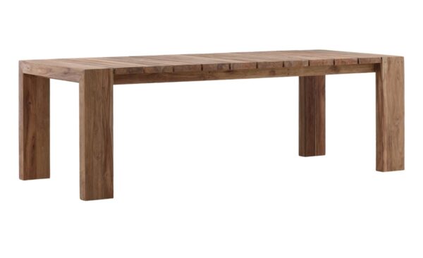 Teak wood outdoor dining table with slat top and square legs