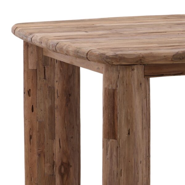 Long natural teak dining table for outdoor use, corner detail