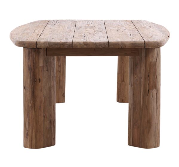 Long natural teak dining table for outdoor use, profile view