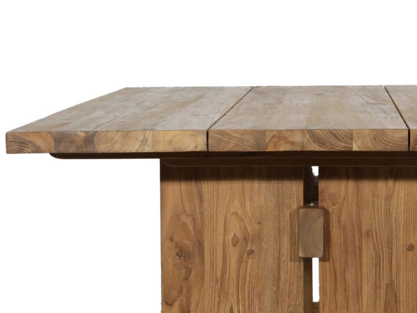 Outdoor teak dining table with trestle base in natural finish, detail