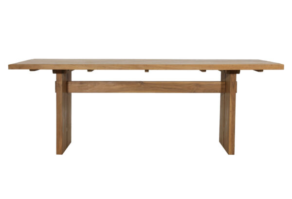 Outdoor teak dining table with trestle base in natural finish, profile