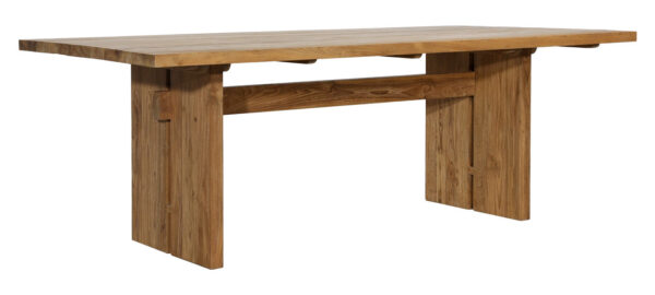 Outdoor teak dining table in natural finish with trestle base, overview