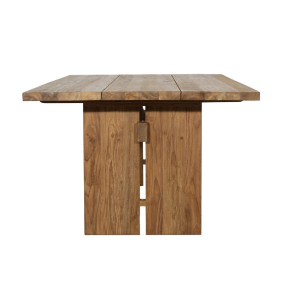 Outdoor teak dining table with trestle base in natural finish, front