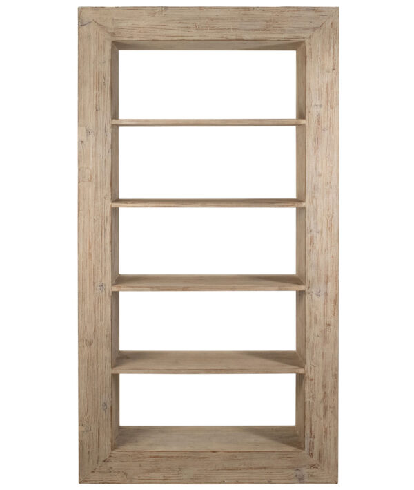 Modern rustic bookshelf with 4 shelves in a light warm wash finish, front