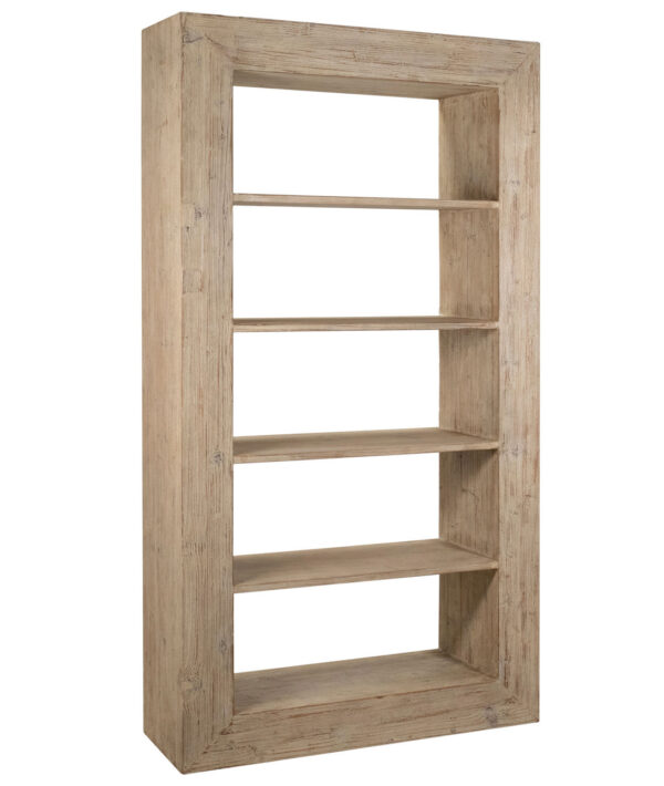 Modern rustic bookshelf with 4 shelves in a light warm wash finish, overview