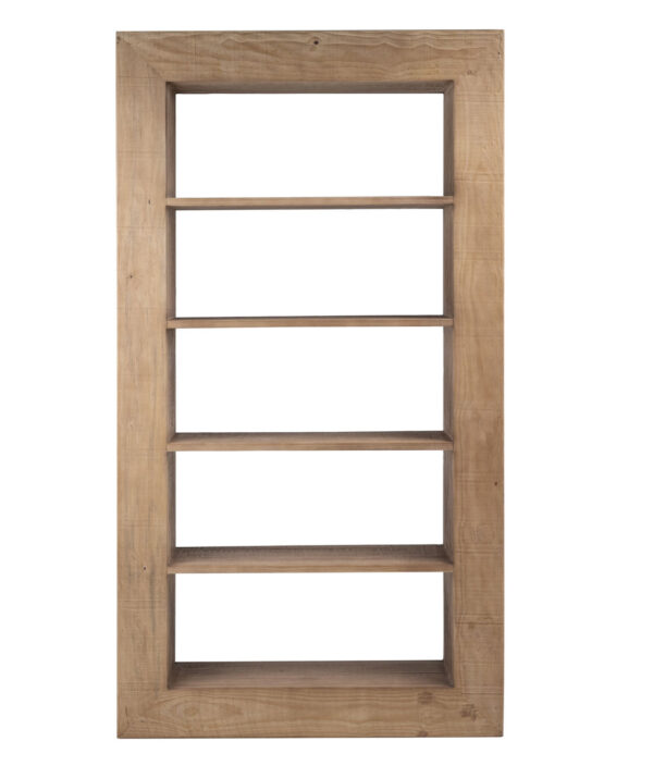 Modern rustic bookshelf with 4 shelves in a natural wood finish, front