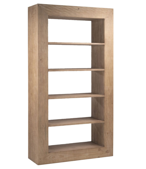 Modern rustic bookshelf with 4 shelves in a natural wood finish, overview