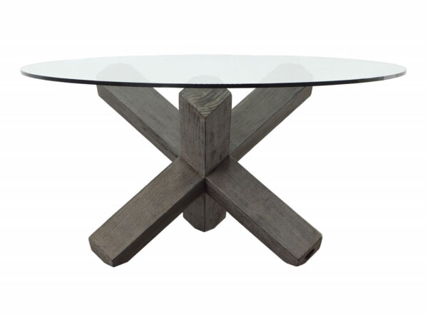 Round glass table with tripod base, thick wood in Charcoal finish, overview