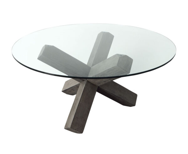 Round glass table with tripod base, thick wood in Charcoal finish, overview 1