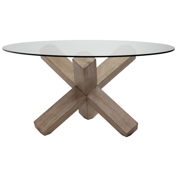 Round glass table with tripod base, thick wood in Light warm finish, overview