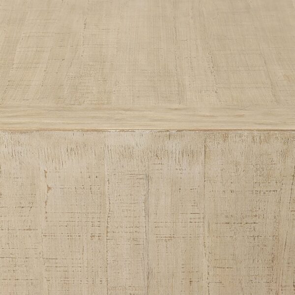 Large simple dining table with solid planks at the end of table in warm whitewash finish, detail 1