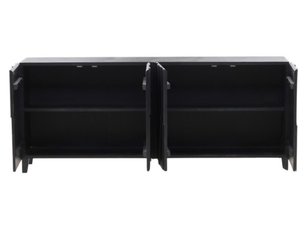 4 Door black console with design door made with Recl. Pine wood, spacious interior with shelf, open