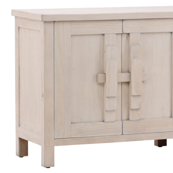modern rustic sideboard, 6 doors with wooden lock, whitewash finish, with shelves, door detail