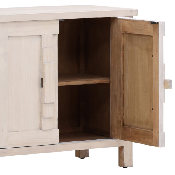 modern rustic sideboard, 6 doors with wooden lock, whitewash finish, with shelves, open detail