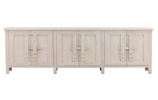 modern rustic sideboard, 6 doors with wooden lock, whitewash finish, with shelves, front