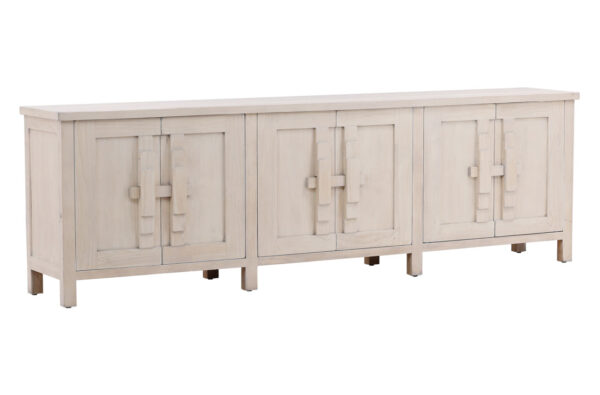 modern rustic sideboard, 6 doors with wooden lock, whitewash finish, with shelves, overview