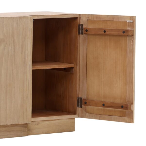 Long pine sideboard media console with clean lines and natural wood texture , open