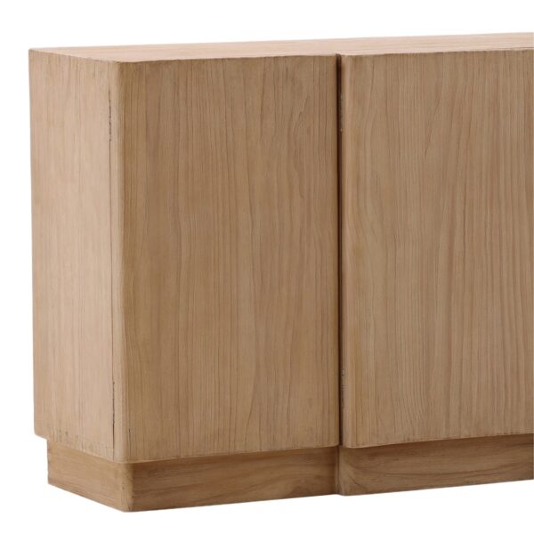 Long pine sideboard media console with clean lines and natural wood texture , detail
