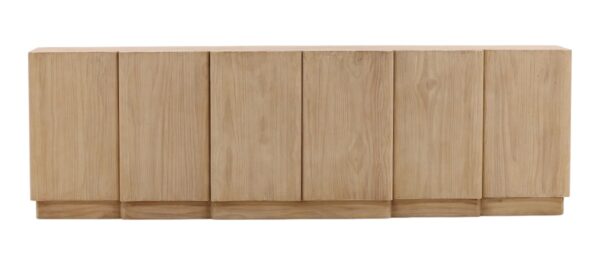 Long pine sideboard media console with clean lines and natural wood texture, front