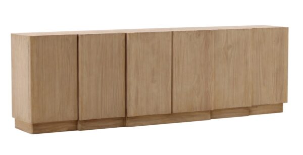 Long pine sideboard media console with clean lines and natural wood texture