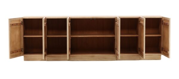 Long pine sideboard media console with clean lines and natural wood texture , interior