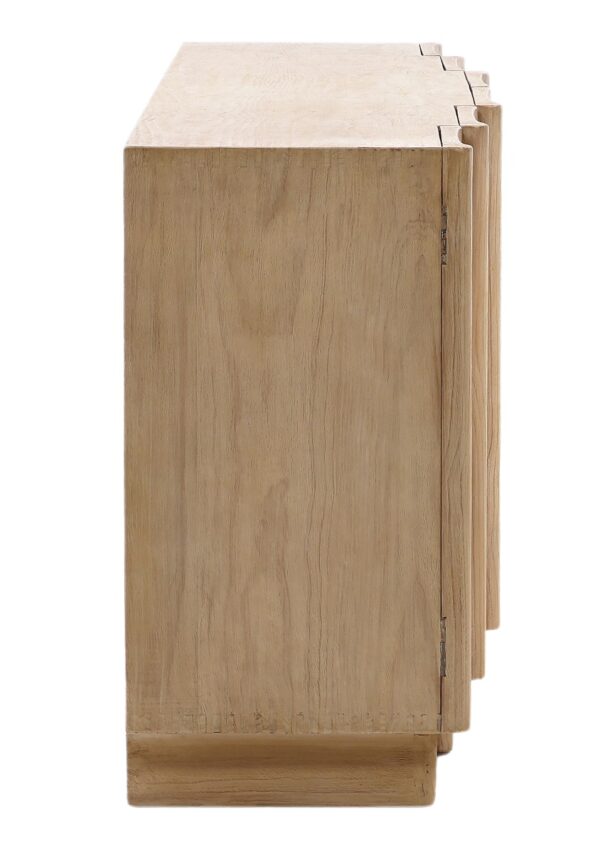 Long pine sideboard media console with clean lines and natural wood texture , profile