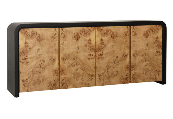 Oak wood sideboard, black body with 4 stunning burl wood doors, total of 8 divided compartments inside, overall