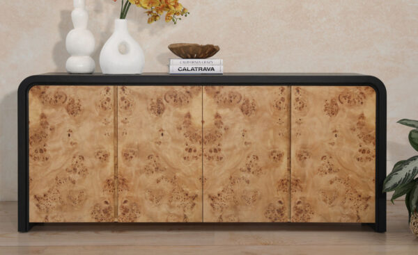 Oak wood sideboard, black body with 4 stunning burl wood doors, total of 8 divided compartments inside, vignette