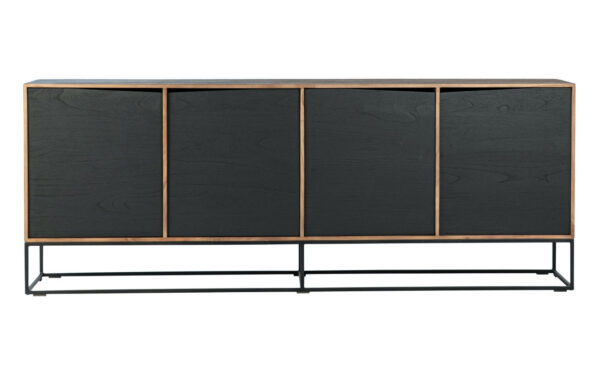 simple and linear, 4 black door sideboard with black iron base and natural color body, front