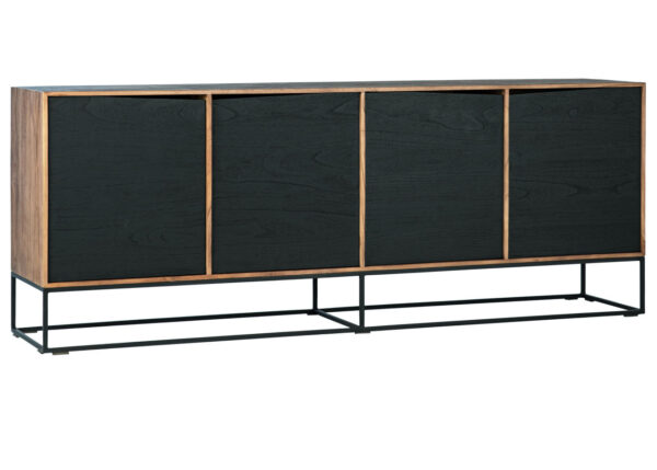 simple and linear, 4 black door sideboard with black iron base and natural color body, overview