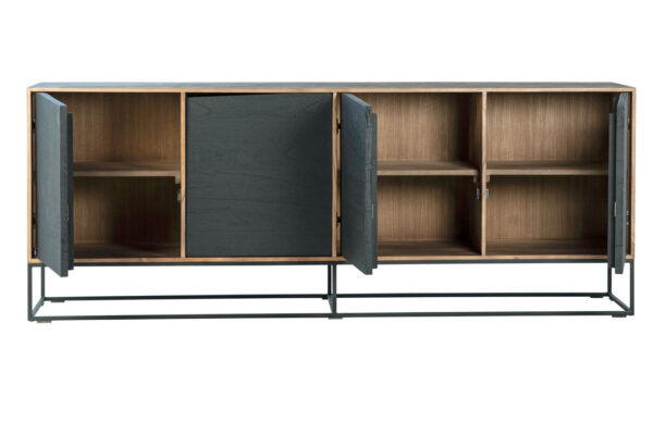 simple and linear, 4 black door sideboard with black iron base and natural color body, overview, open