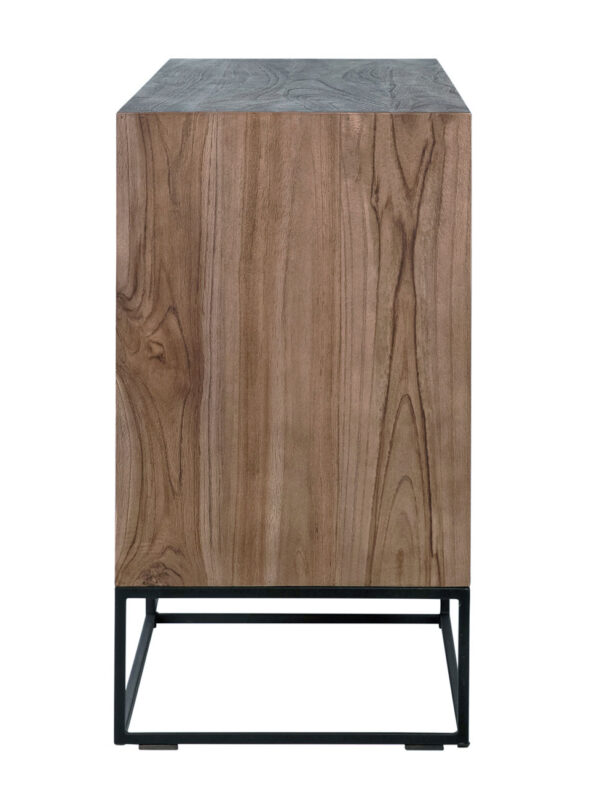 simple and linear, 4 black door sideboard with black iron base and natural color body, overview, side