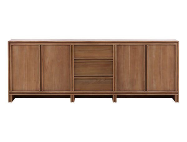 Mindi wood modern-rustic sideboard with 4 doors and 3 drawers, natural finish, front