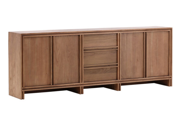 Mindi wood modern-rustic sideboard with 4 doors and 3 drawers, natural finish, overview