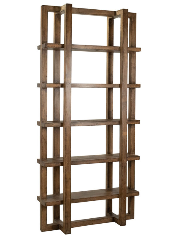 Modern rustic minimalistic design bookshelf with 5 shelves, dark brown, overview