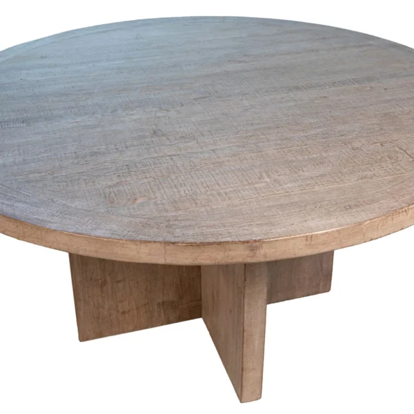 60” round dining table, pine wood, light warm wash finish, top view