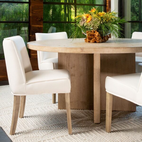 60” round dining table, pine wood, light warm wash finish, overview