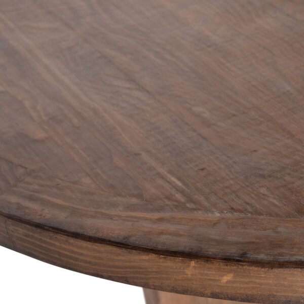 60” round dining table, pine wood, medium brown finish, detail top