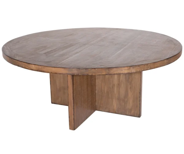 60” round dining table, pine wood, medium brown finish, top view