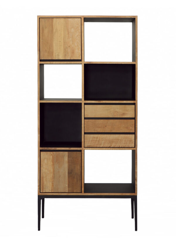 83” high bookshelf black body, teak natural color front with door top and bottom and 3 drawers, front