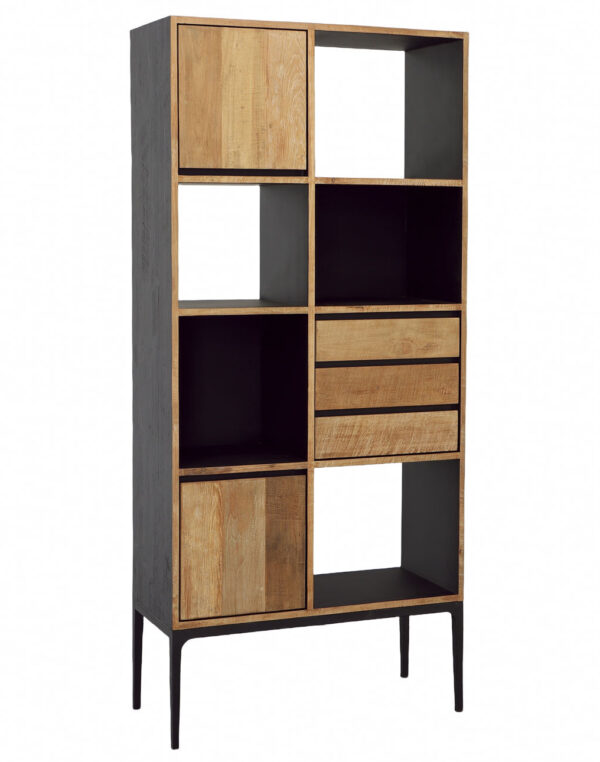 83” high bookshelf black body, teak natural color front with door top and bottom and 3 drawers, overview