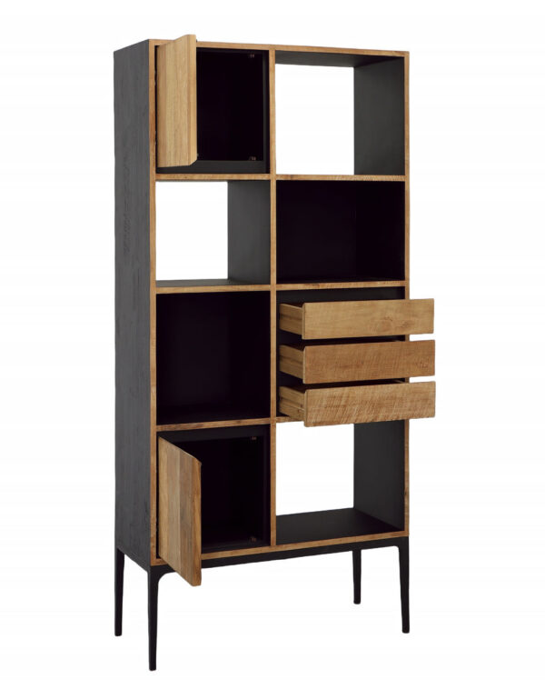 83” high bookshelf black body, teak natural color front with door top and bottom and 3 drawers, open