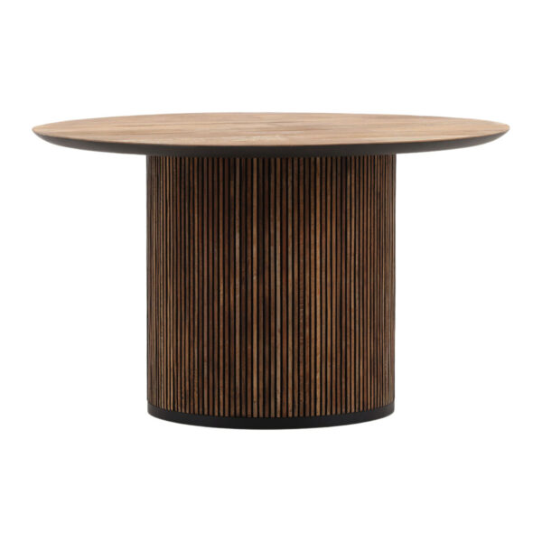 Reclaimed teak wood round table with rustic and modern design, overview