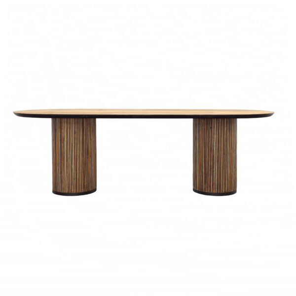 Long oval teak table with round bases on either end in natural unfinished brown, profile