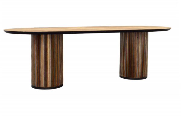 Long oval teak table with round bases on either end in natural unfinished brown, overview