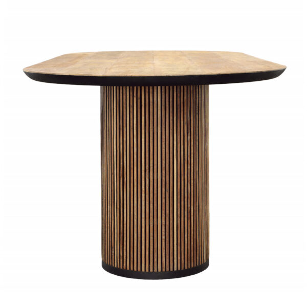 Long oval teak table with round bases on either end in natural unfinished brown, front